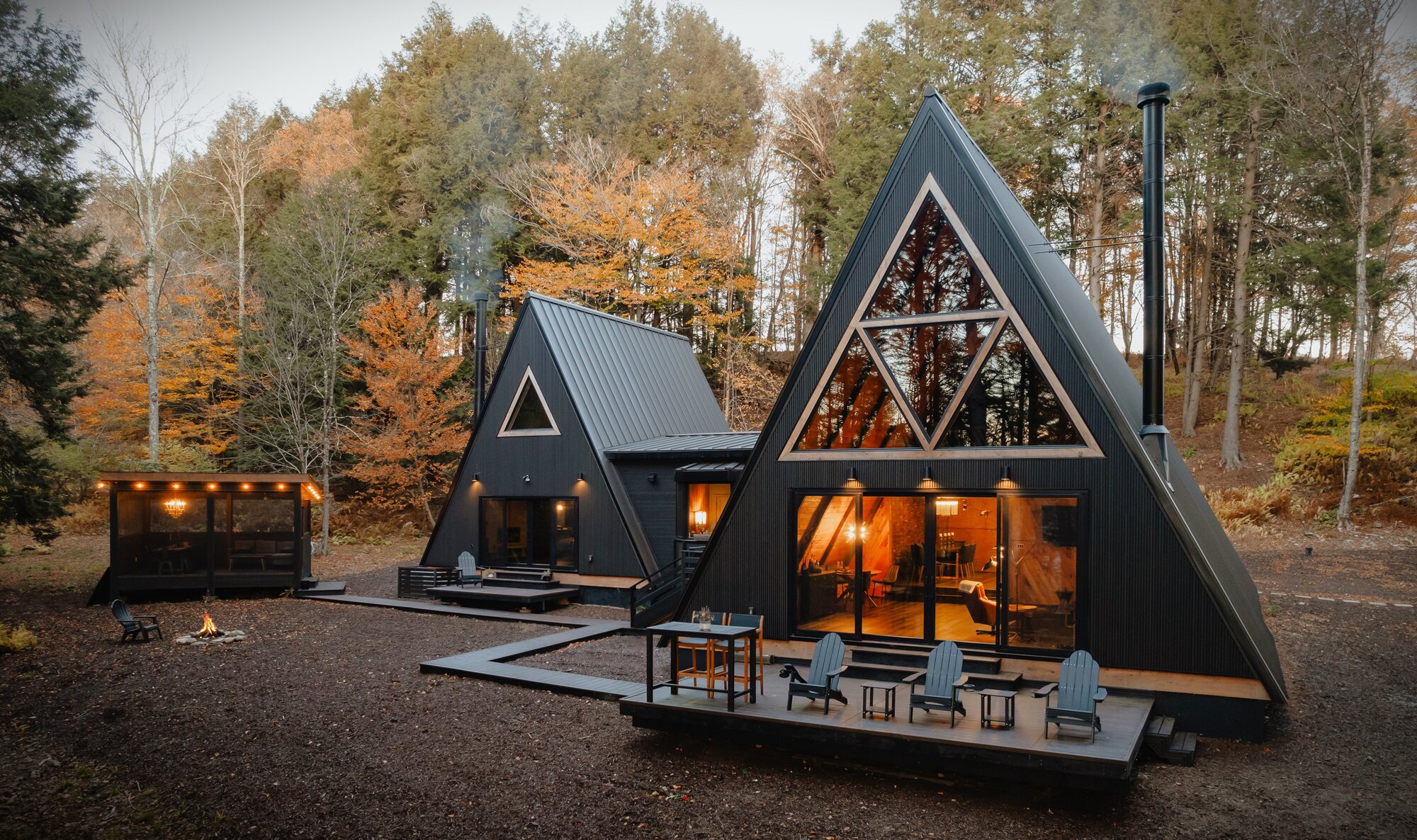 PerryWood A-frame exterior at dusk